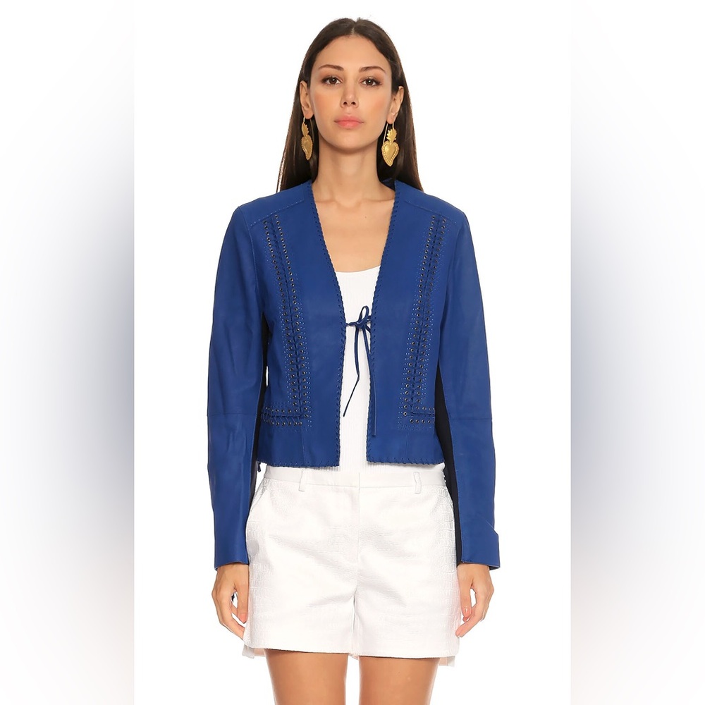 Elie Tahari Jacket Womens M Cobalt Blue Fringe Eyelet Open Front Tie